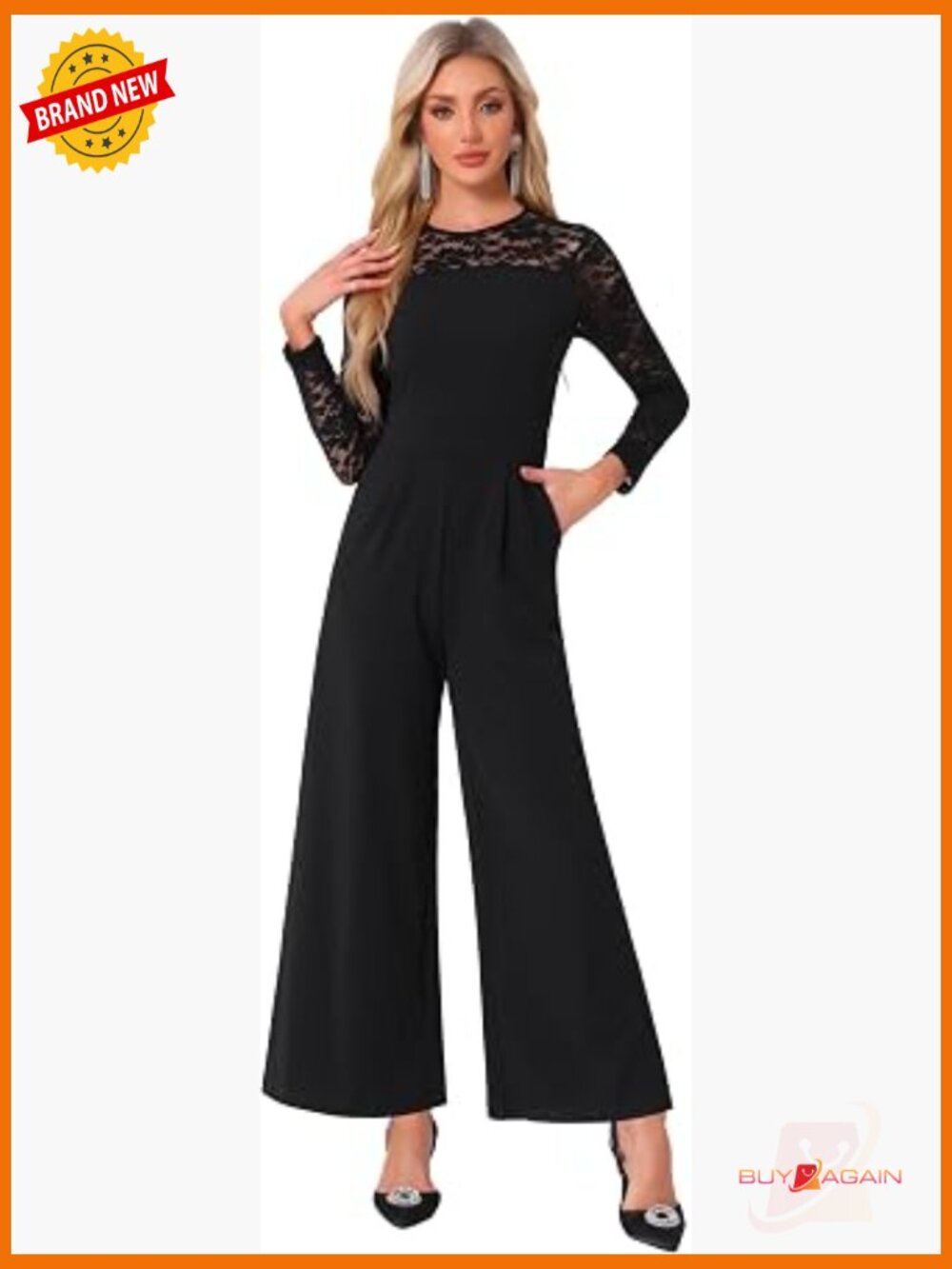 Elegant Crew Neck Mesh Lace Sleeve Wide Leg Jumpsuit Romper
